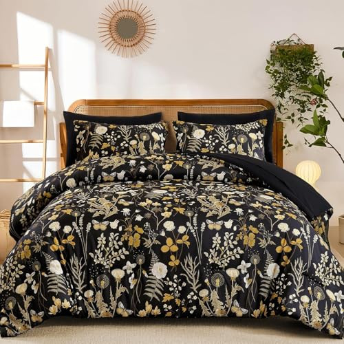 Sedefen Housse de Couette 220x240 Motif Feuilles + 2 Taies d'oreiller 65x65 cm,Tropicales Or et Noir Parure de lit Adulte 2 Personnes Linge de Lit en Microfibre avec Fermeture Éclair