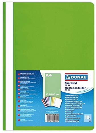 DONAU 1702001PL-41 Plastik Schnellhefter A4 Hellgrün/ Sichthefter Kunststoff aus öko PP-Folie 120/180 µm/ mit transparentem Deckel/ für Büro und Schule/ Fassungsvermögen ca. 200 Blatt | 10er Pack