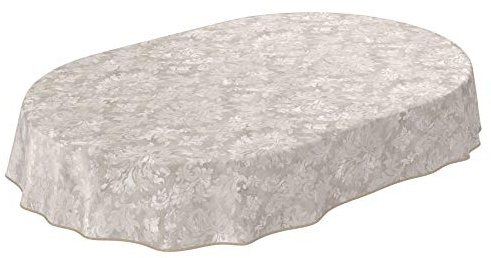 Nappe en Toile cirée Lavable pour Le Jardin, de Forme Ronde, Ovale ou rectangulaire, pour l'intérieur et l'extérieur, Motif Baroque vrillé, Beige-Gris Clair, Ovale, 240 x 140 cm, avec Ourlet, Bordure