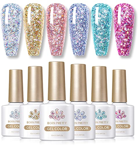 BORN PRETTY Glitter Gel Nail Polish Shiny Chunky Glitter Gel Polish Soak Off U V Nail Gel Sparkly Spring Summer Gel Nail Art Manicure Varnish Gift Set