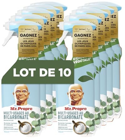 Mr. Propre Spray Nettoyant Multi-Usages, Grand Format (500ml x10), Parfum Eucalyptus avec Bicarbonate de Soude, Élimine 99.9% des Tâches Tenaces, Convient aux Surfaces Alimentaires