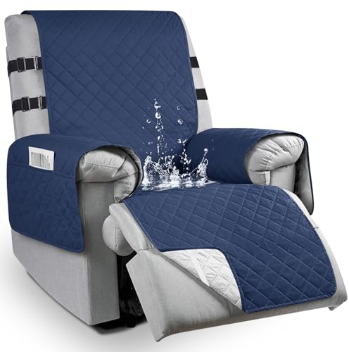 Sesselschoner für Relaxsessel mit Armlehnen, 100% Wasserdicht Sesselauflage für Fernsehsessel, 1 Sitzer rutschfest Armlehnenschoner mit Taschen und 2 Verstellbaren Riemen, Blau, S