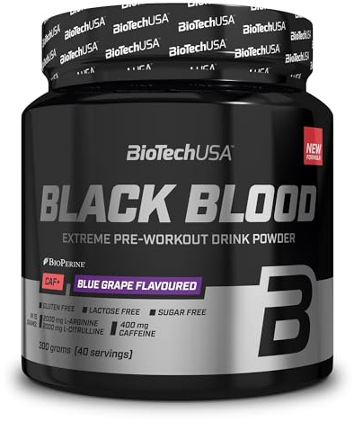 BioTechUSA Black Blood CAF+ | Poudre de boisson pré-entraînement | 12 ingrédients actifs | 200 mg de caféine par portion | Sans sucre, lactose et gluten, 300 g, Raisin noir