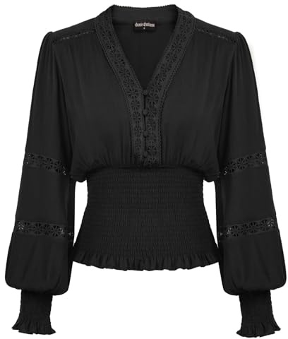 Womens Dressy Casual Tops Smocked Ruched V Neck Elegant Vintage Blouse Black Large