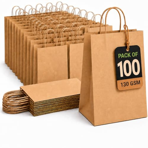 HURUC Brown Paper Bags with Handles 100 Pack Large 130 GSM | Strong kraft paper bags for gifts, shopping, birthdays, retail, christmas and everyday use.