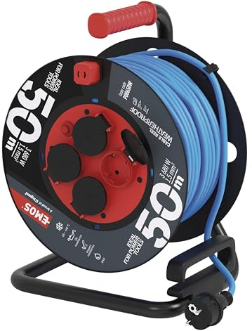EMOS Avvolgicavo per esterni con isolamento in silicone, cavo da 50 m, 1,5 mm2, 4 prese Schuko con coperchio ribaltabile, IP44, impermeabile e resistente al gelo, per esterni, industria, cantieri