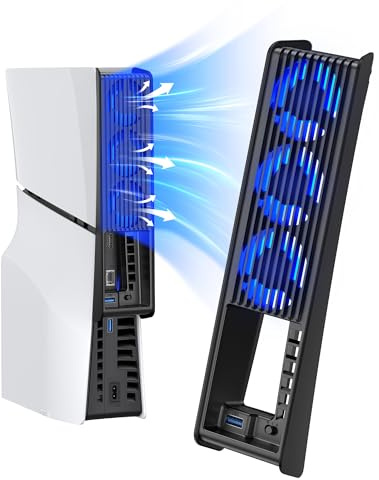 Fläkt för PS5 Slim med automatisk hastighetsinställning, tystare kyltillbehör med LED-ljus och USB3.0-hubb, för PS5 Slim Disc & Digital Edition