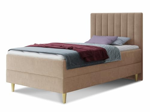 Boxspringbett Gold Mini mit Bettkasten, Bonell-Matratze und Topper - Einzelbett mit Matratzentopper, Polsterbett, Bett, Schlafzimmer, Jugendzimmer, Velours Stoff (Beige (Manila 02), 120 x 200 cm)
