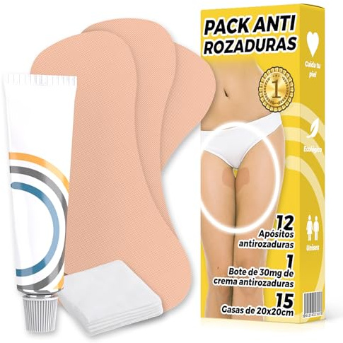 Parches Antirozaduras Muslos - 12 Bandas Anti Rozaduras Adhesivas + 1 Crema Vaselina Neutra + 3 Paquetes de 5 Gasas Antirozaduras - Alivio Inmediato de Rozaduras en Muslos - Evita el Roce en Piernas