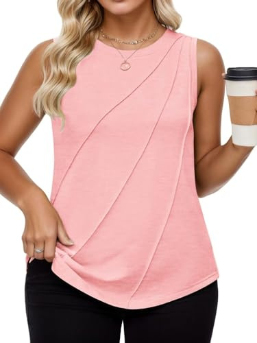 Womens Plus Size Tops Fashion Casual Sleeveless Blouses Summer Dressy Pleated Basic Work Shirts Pink 4X