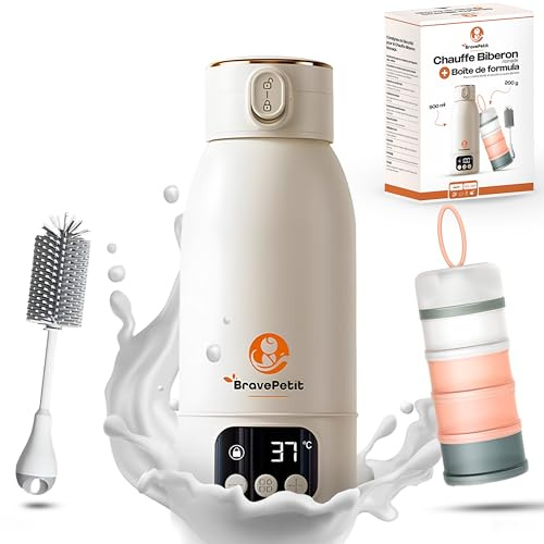 BravePetit® Chauffe-Biberon Portable Nomade, Chauffe Rapide Eau ou Lait, Autonomie Longue Durée, Recharge USB-C, Capacité 500ml, Boîte Doseuse 4 Compartiments, Idéal Voyage & Voiture