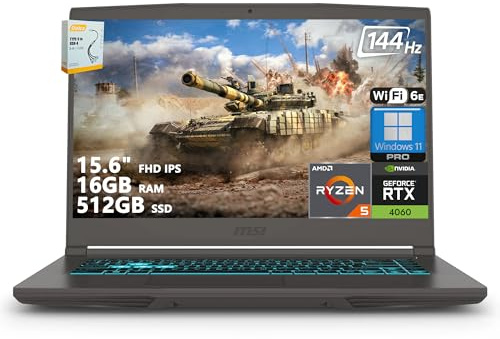 MSI Laptop delgada para juegos A15 | 15.6 pulgadas FHD IPS 144Hz | AMD 6-Core Ryzen 5 7535HS | 16GB RAM 512GB SSD | GeForce RTX 4060 8GB GDDR6 | USB-C Wi-Fi 6E Win11 Pro con accesorio DLCA