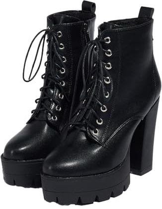 TNMIUH Stivali da Donna con Plateau, Tacco Blocco Alto 11,5 cm, Sexy Eleganti Lacci Tronchetti, Disponibile in Nero e Marrone,Nero,36 EU