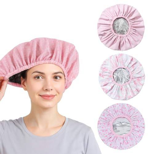 JYNXOR Cuffia riscaldante, 3PCS Cuffia da Doccia Impermeabile Riutilizzabile, Doppio Strato per condizionamento profondo Cuffie Capelli con Elastici, Cuffia da Bagno per Donna Spa Salone Viaggi Casa