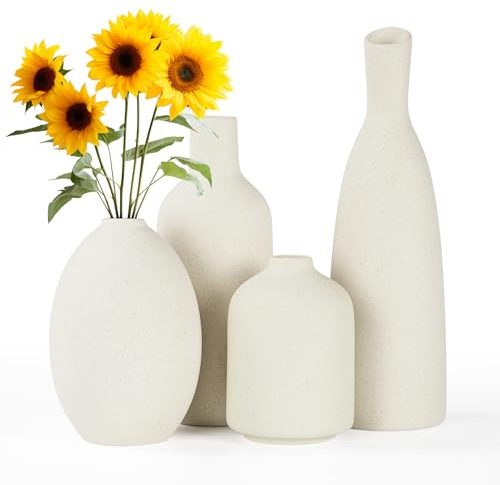Otauoaea Juego de 4 Jarrones de Cerámica para Flores Secas Decorativas, Estética Boho, Jarrones Redondos Mate, Mesa de Centro, Comedor, Sala de Estar y Decoración de Mesa,Blanco