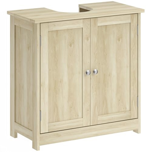 kleankin Mobile Sottolavabo per Bagno con Ripiano Regolabile, Mobiletto Sottolavabo con Intaglio a U, Mobile Bagno Moderno e Salvaspazio, Adatto a Lavabi a o senza Colonna, 60x30x60 cm, Rovere