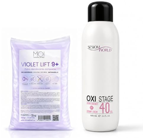 Pack Oxigenada en Crema 1000ml 40 Vol + Polvos Decolorantes de Cabello VIOLETA 9 tonos 500gr | Fórmula Vegana | Superaclarante | Antiamarillo | Con Keratina y Betaína sesioMWorld