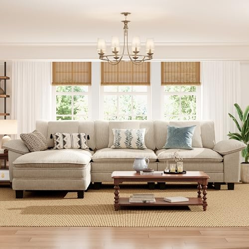 PHI VILLA Corner Sofa Set 315 CM Modular Sofas with L Shaped Couches Oversized 4 Seater Deep Seat Sofa with Cushions & Movable Footrests for Sitting Room Corduroy Fabric Beige