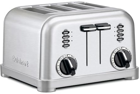 Cuisinart 4 Slice Compact Stainless Steel Toaster with Extra-Wide Slots for Bread, French Toast, Bagels & Pastries, Defrost & Reheat Functions, CPT-180P1, Brushed Stainless, Removable Crumb Tray