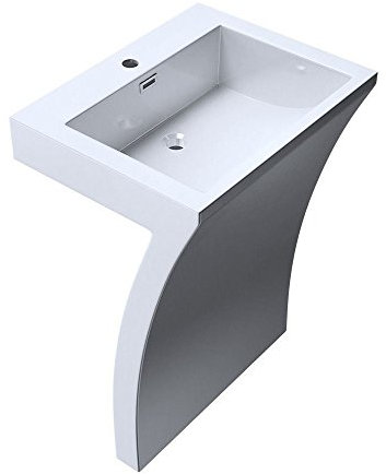 Durovin Bathrooms Luxurious Cast Stone Pedestal Basin - 7 Shaped Freestanding Sink with Overflow Slot & Single Tap Hole - Includes Push Pop Up Round Waste Plug PU04