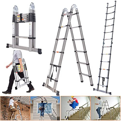 Telescopic Folding Ladder 12.5FT/3.8M Stainless Steel A-Frame Ladder Heavy Duty Sturdy Straight Ladder with Stabilizer, Multi-Purpose Collapsible DIY Home Attic Loft Tools Combination Ladder