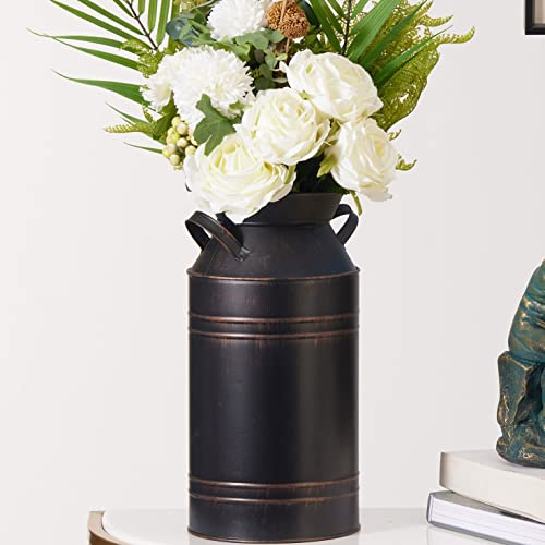 12 Tall Large Galvanized Metal Farmhouse Tin Milk Can for Front Porch Decorative, Rustic Antique Tall Milk Churn Jug Floor Vase, Vintage Old Country Flower Holder Pitcher Barn Vase (Black)