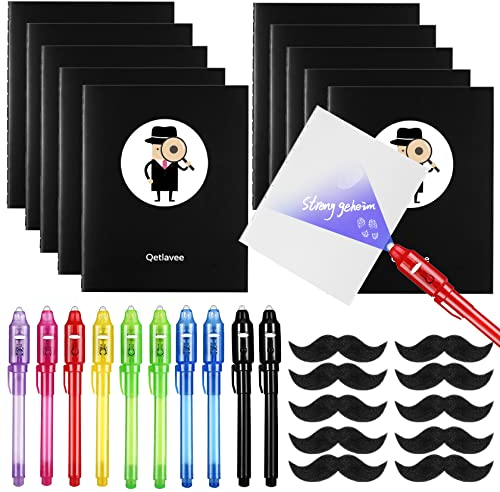 Qetlavee 40stk Detektiv Set Kinder, Dedektivparty Geburtstag Kindergeburtstag, UV Stift&Notizbuch&Schnurrbart selbstklebend&Druckverschlussbeutel,Entdecker Set Kinder für Detektiv Rollenspiel