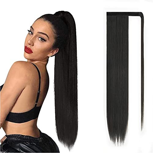 JJstar Postiche Queue de Cheval Extnsion Cheveux 70cm Longue Raides Wrap Around Extension Fausse Queue de Cheval a Clip pour Femmes Fille Rajout Cheveux (Noir Profond)