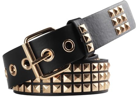 SNCEAW Studded Belt, Metal Punk Rock Rivet belt with Bright Pyramid Studded for Women Men (Gold, Fit Pant 31-36 inch)