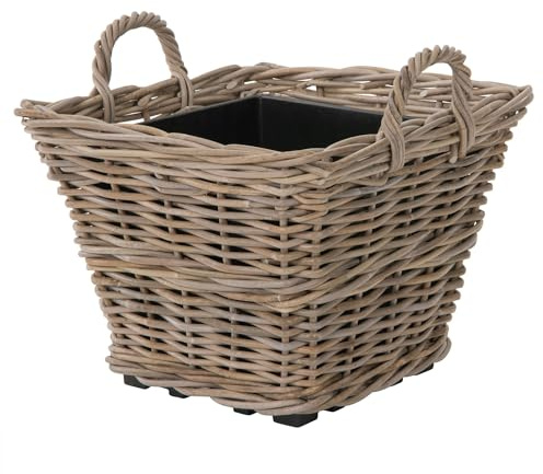 Kouboo Square Rattan Planter Basket with Handles 625 Gallon Capacity Plastic Pot Liner with Drain Holes Included No Saucer Indoor and Outdoor Use