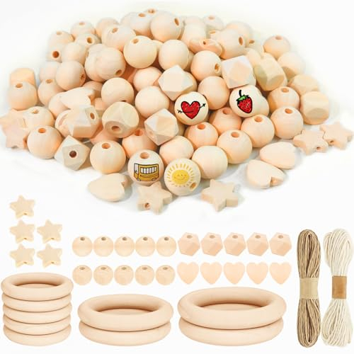 Sheryl&Rain 131 Stück Holzperlen Makramee Set, DIY Holzringe zum Basteln,Holzkugeln mit Loch Kit Enthält 120 Holzperlen Natur,9 Holzringe Makramee Zubehör für DIY Schmuck Herstellung mit Bastelseilen