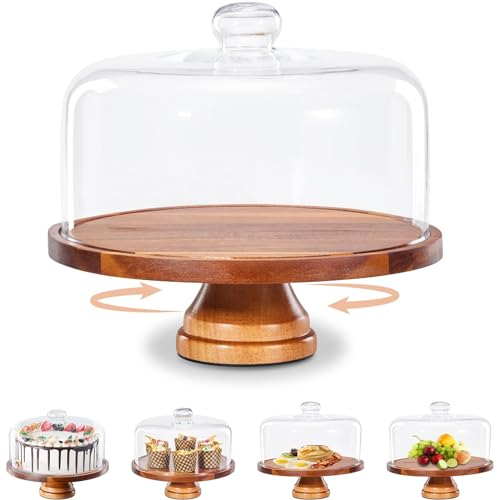 Yangbaga Glass Cake Stand with Lid,11in Wooden Rotating Cake Stand with Dome Cover, Cake Plate Display Server Tray for Birthday Kitchen Party Baking Gifts