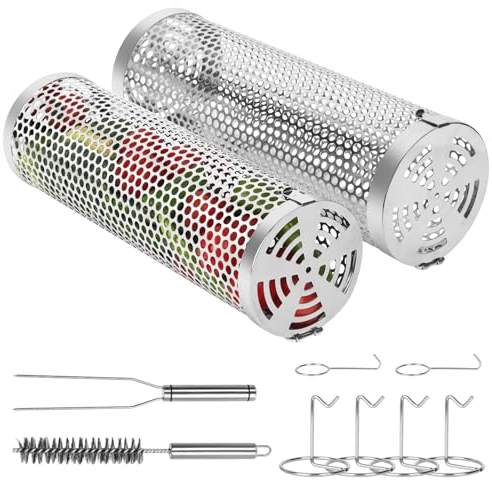 YIK TUNG Rollendes Grillkorb Set aus Edelstahl, Rolling Grilling Basket, Grill Zubehör für Outdoor-Grillen, Zylindrischer Grillkorb für Gemüse, Fleisch und Shrimps, Spülmaschinenfest