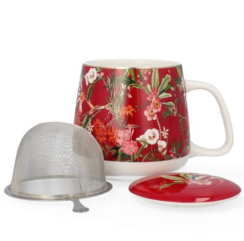 LIVELLO Porzellan Teetasse mit Metall-Teesieb 500 ml Eleganter Teebecher mit Deckel Porzellan Tasse für losen Tee Küchenzubehör Geschenkidee Tee Kaffee großer Becher stilvolles Blumen Rot