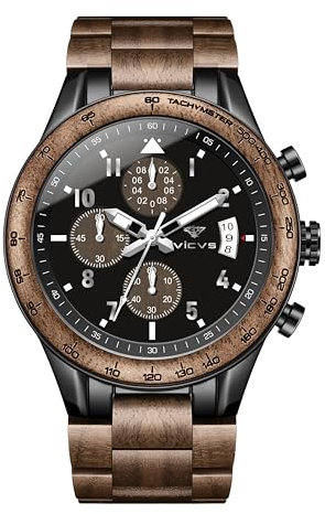 VICVS Armbanduhr aus Holz und Edelstahl für Herren, Chronograph mit 3 Zifferblättern, Quarz, Freizeit, Business, Multifunktionsuhr, aus Holz, handgefertigt
