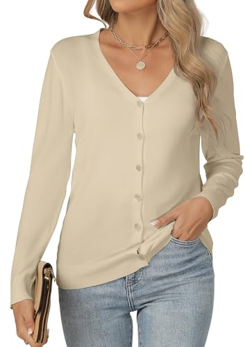 Famrrifuu Gilet Femme Cardigan avec Bouton Col en V Été Printemps Manches Longues Veste Tricot Léger Casual Gilets