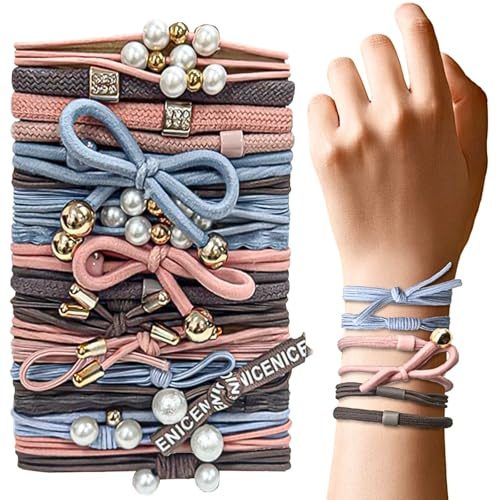 LUFFLOK 25 Piezas Coleteros Boho, Gomas para Pelo Suaves Sin Daño con Perlas, Sujetadores de Cola de Caballo para Mujeres y Niñas, Gomas de Pelo para Cabello Grueso, Accesorios para Pelo Mujer