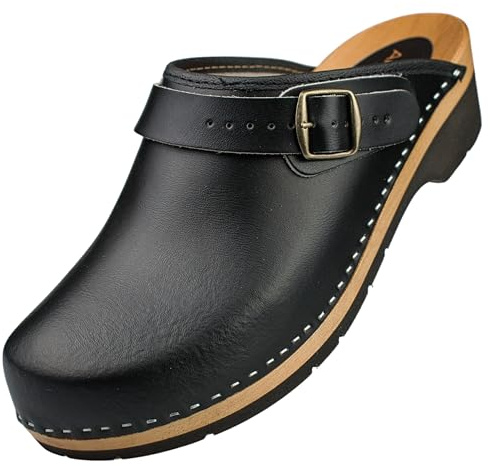 APREGGIO Zoccoli in Legno da Uomo – Scarpe in Legno in Pelle – Pratici Zoccoli da Giardino – Zoccoli ergonomici in Pelle da Uomo, Nero, 46