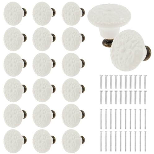 Alongen 20 st keramiska knoppar set vintage lådknoppar dekorativa möbelknoppar med skruvar universalskåp dörr tåg halklås för skrivning fack (vit)