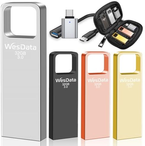 WesData 32GB USB 3.0 Flash Drive 4-Pack with USB C Adapters, Metal Mini Design, 100MB/s Read Speed, Storage Case Included, Pink Gold Gray Silver
