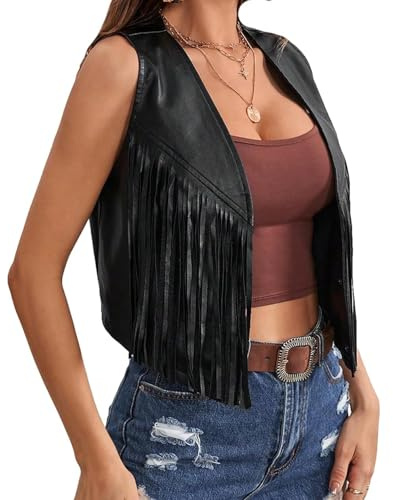FeMereina Women's PU Fringe Sleeveless Vest Tassel Faux Leather Open Front 70S Hippie Jacket Cardigan