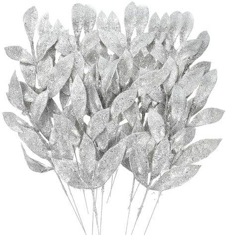 MWOOT 16 Pezzi Foglie di Natale Artificiale Glitterate, Finti Foglie Natalizio Argento con Steli, Rami di Foglia in Plastica per Ghirlanda Albero di Natale Bouquet di Nozze Casa Giardino Decorazione