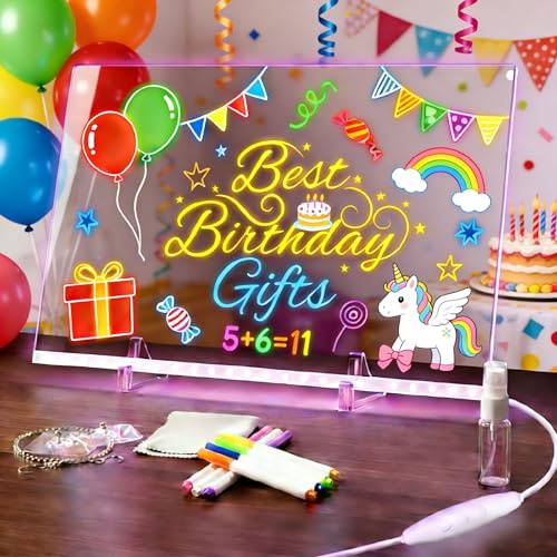 Glow Led Drawing Board for Kids, 13x10 Acrylic Drawing Board with 7 Color Modes, Birthday Easter Gifts for 5-12 Year Old Girls Holiday Trend Gift Daily Toys, Includes Invisible Stand & Hanging Kit