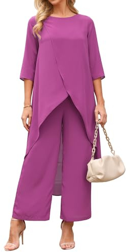 Seta T Women's 2 Piece Chiffon Sets Summer Dressy Pantsuits High Low Top Pants Set Formal Wedding Guest Outfit Purple XL