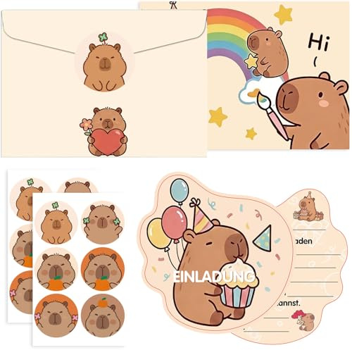 YUPDFGB Capybara Inviti di Compleanno per Bambini con Busta e Adesivo Sigillo, 12PCS Capybara Biglietti di Invito per Il Compleanno, Set di Decorazioni per Feste di Compleanno