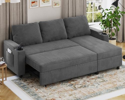 Devoko L-Shaped Sofa Bed 3 Seater, Corner Sofa Bed with Storage Sectional Sofa Couch Convertible Bed Settee for Living Room, Grey