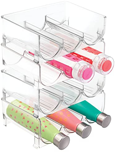 mDesign Plastic Free-Standing Stackable 3 Bottle Storage Holder Rack - Water, Wine, and Drink Organizer Shelf for Kitchen Countertop, Cabinet, Pantry, Fridge, Freezer, 4 Pack - Clear