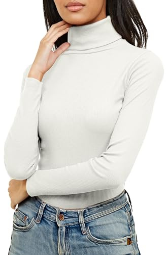 Re Tech UK Ladies Plain Ribbed Cotton Polo Turtle Roll Neck Tunic Top Jumper Full Sleeve, White, S/M 8-10