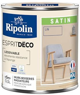 RIPOLIN - Peinture Intérieure Multi-Supports – Murs, Boiseries & Radiateurs – Ultra-Couvrante – Lessivable – Application Facile – Ecolabel - Satin - 0,5L - Lin