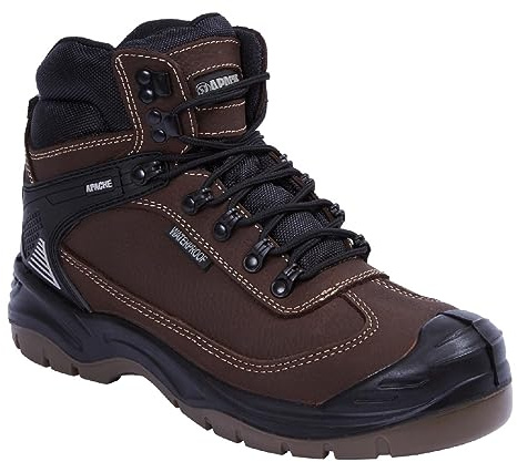 Apache Men's Ranger Safety Hiking Boot | Brown Size 10 UK | Premium Leather Work Shoe | Waterproof and Durable | Steel Toe Cap and Midsole Protection